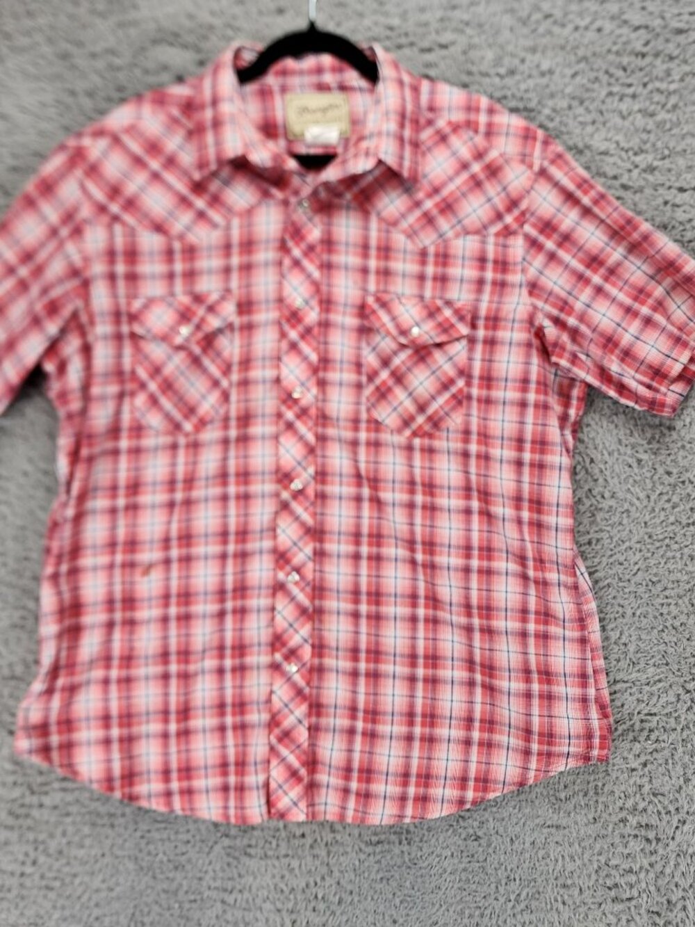 Wrangler Shirt Mens XL Red Plaid Short Sleeve Pearl Snap Western *Read*